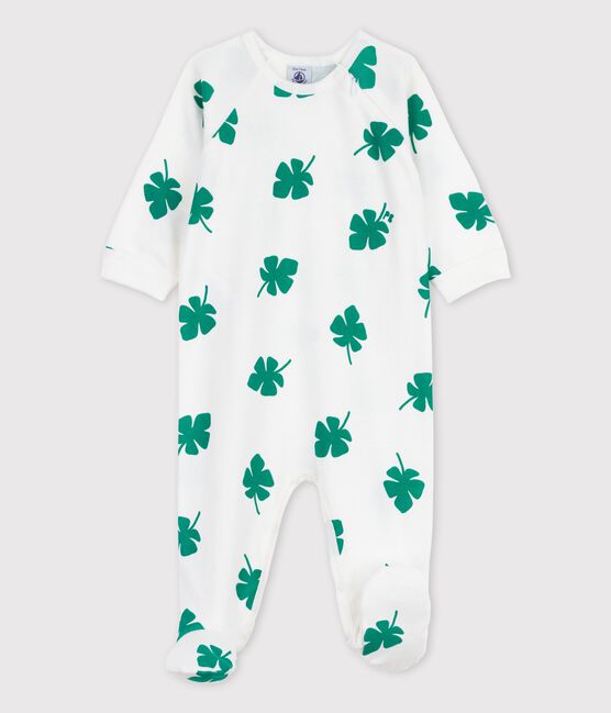 Baby-Strampler aus Bio-Baumwolle mit Pflanzenmuster weiss MARSHMALLOW/grün GAZON