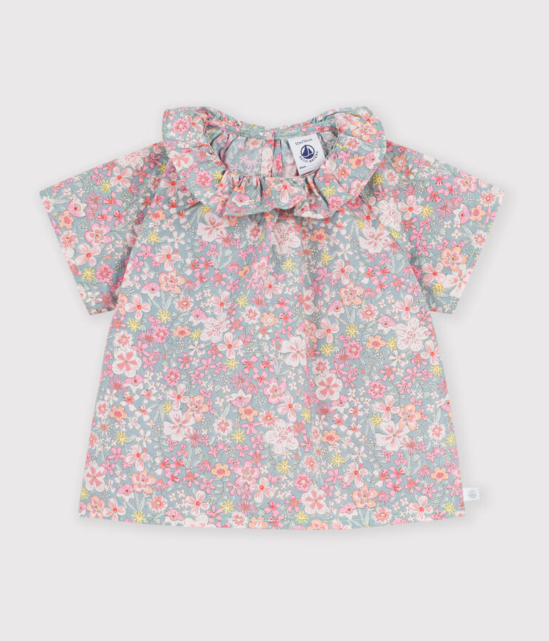 Kurz&auml;rmelige Baby-Bluse aus Baumwolle mit Blumenmuster blau/vielfarbig