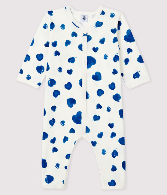 Baby-Strampler mit blauen Herzen ohne Fuß aus Rippstrick für Mädchen weiss MARSHMALLOW/weiss MULTICO