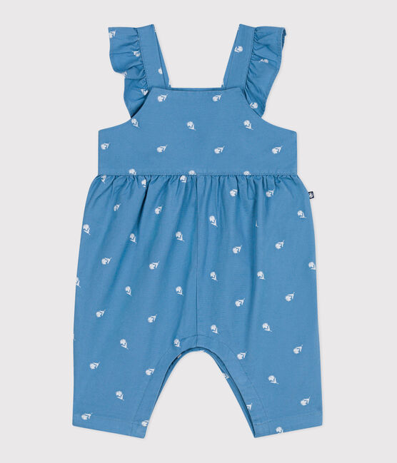 Langbeinige Baby-Latzhose aus Baumwolle mit bestickten Blumen blau ALASKA/weiss MARSHMALLOW