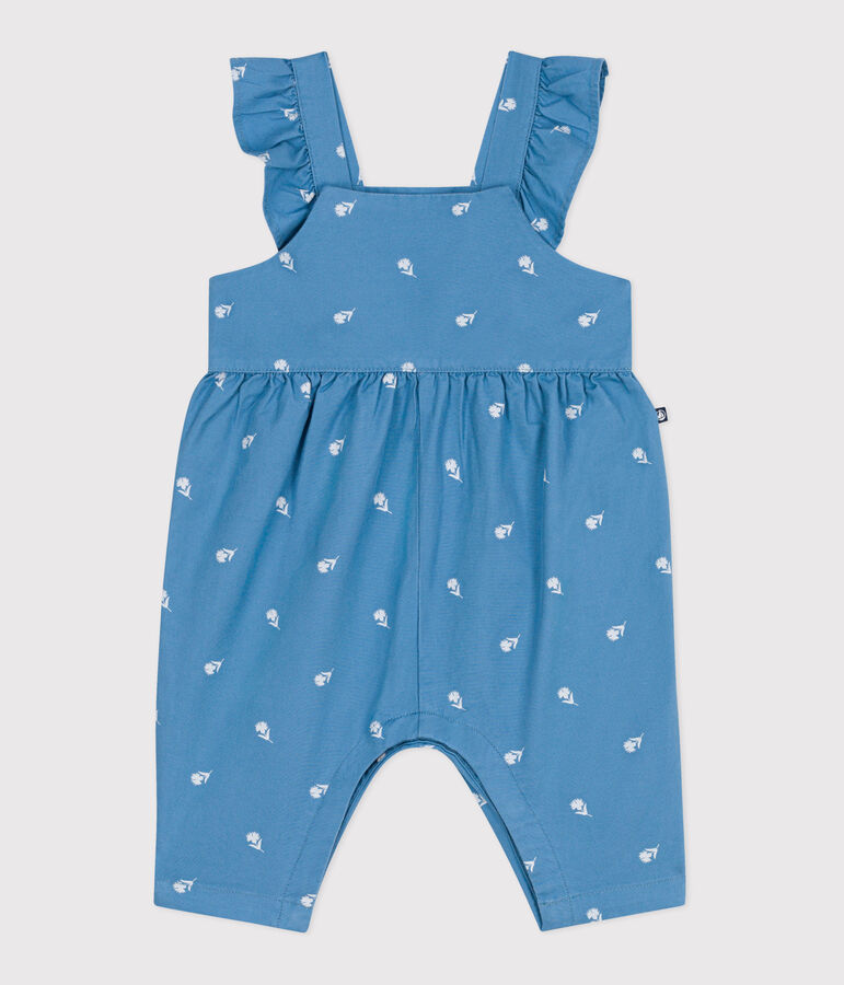 Langbeinige Baby-Latzhose aus Baumwolle mit bestickten Blumen blau/weiss