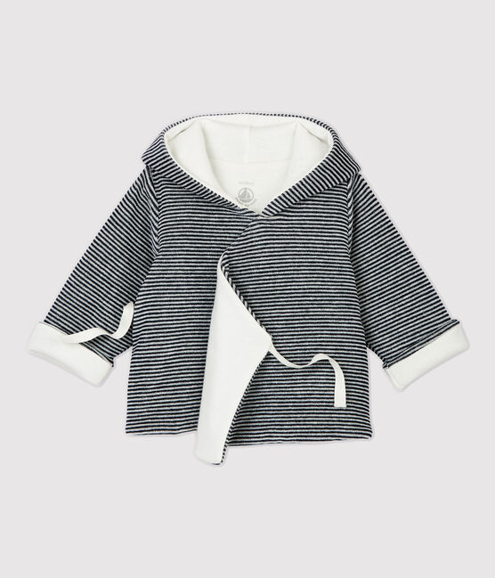 Gestreifte Babyjacke aus Bio-Baumwoll-Velours mit Kapuze weiss MARSHMALLOW/blau SMOKING