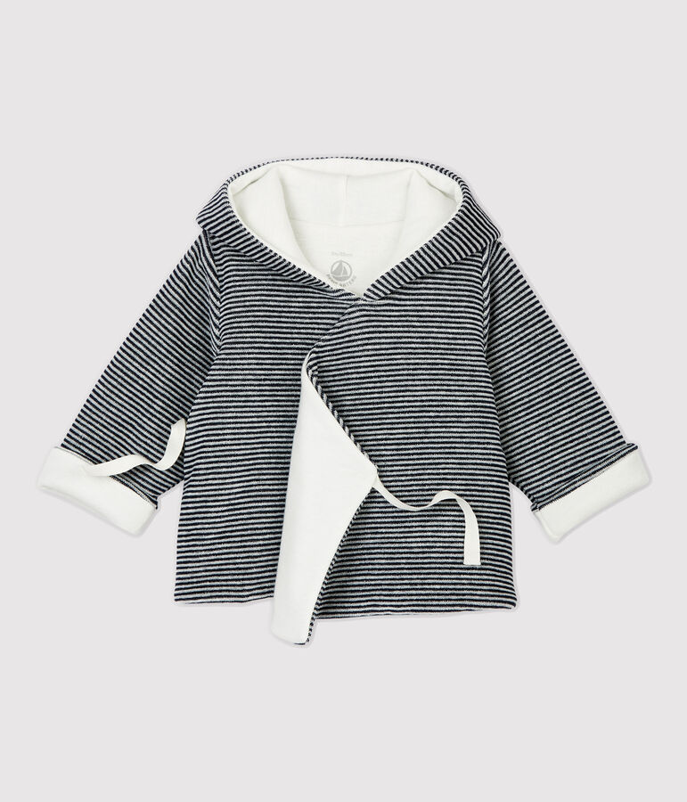 Gestreifte Babyjacke aus Bio-Baumwoll-Velours mit Kapuze weiss/blau
