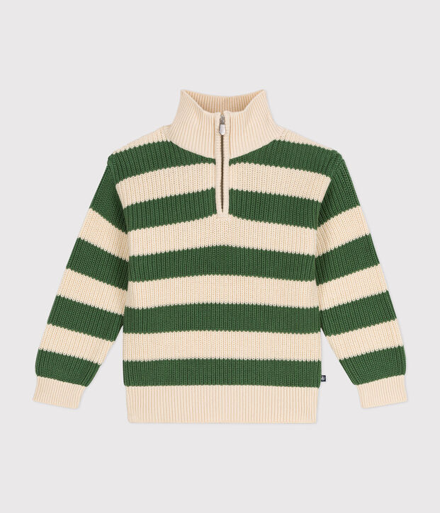 Kinder-Pullover mit Rei&szlig;verschluss-Stehkragen aus Baumwolle f&uuml;r Jungen gr&uuml;n/naturfarben