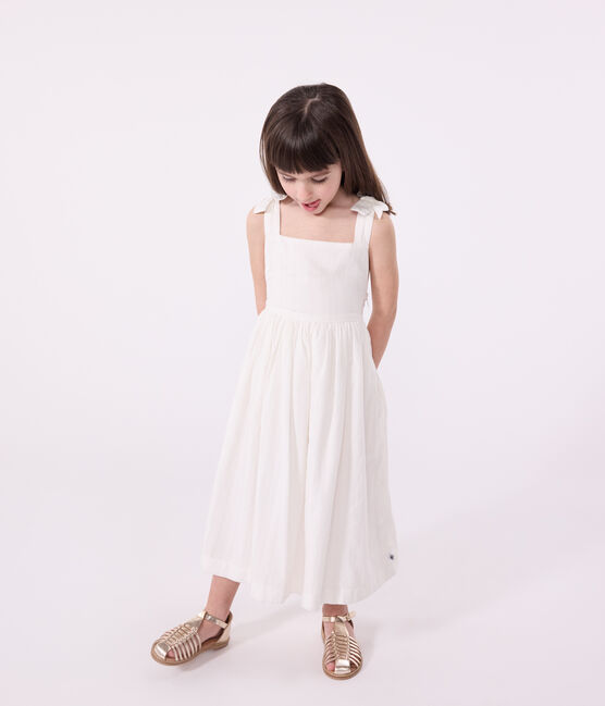 Langes Kinder-Trägerkleid aus einfarbiger Baumwolle weiss ECUME