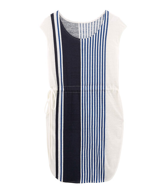 Kurzärmeliges leinenkleid damen weiss MARSHMALLOW/weiss MULTICO