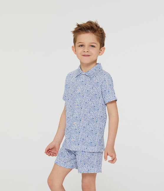Rippstrick-Kurzpyjama für kleine Jungen weiss MARSHMALLOW/blau MAJOR