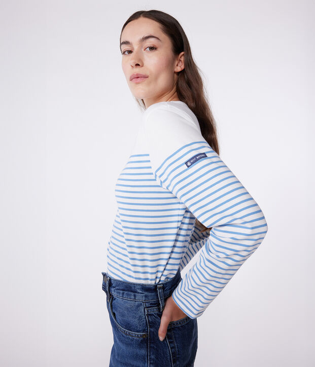 Lang&auml;rmeliges Damen-T-Shirt Marini&egrave;re aus Baumwolle weiss/blau