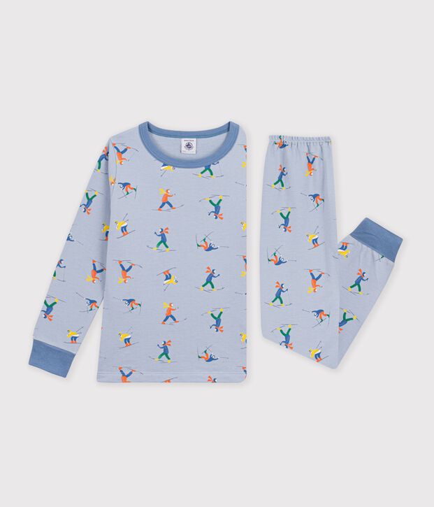 Kinder-Pyjama aus Molton mit Skifahrern blau/vielfarbig