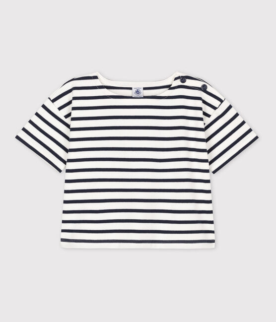Kurzärmeliges, gestreiftes Kinder-T-Shirt aus Baumwolle für Mädchen weiss MARSHMALLOW/blau SMOKING