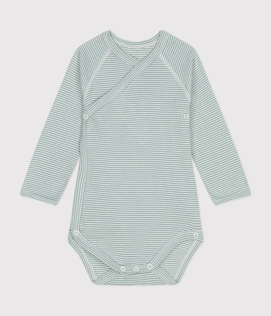 Langärmeliger Baby-Wickelbody aus Baumwolle blau PAUL/weiss MARSHMALLOW