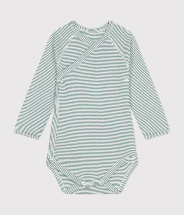 Lang&auml;rmeliger Baby-Wickelbody aus Baumwolle gr&uuml;n/weiss