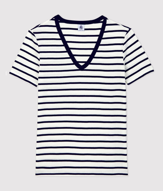 T-Shirt L’ICONIQUE aus Baumwolle mit V-Ausschnitt für Damen weiss MARSHMALLOW/blau SMOKING