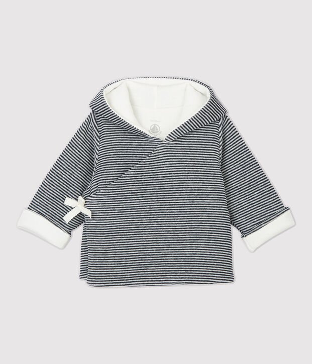 Gestreifte Babyjacke aus Bio-Baumwoll-Velours mit Kapuze weiss/blau