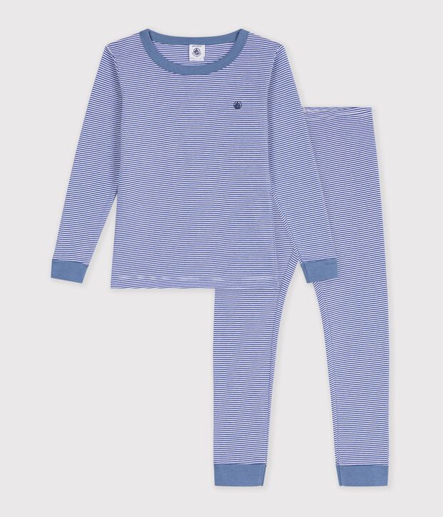Eng anliegender Kinder-Pyjama aus Baumwolle mit Streifen blau/weiss