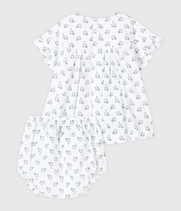 Babykleid mit Bloomer f&uuml;r M&auml;dchen, blauer Blumendruck aus Popelin weiss/vielfarbig