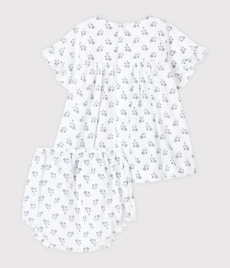 Babykleid mit Bloomer f&uuml;r M&auml;dchen, blauer Blumendruck aus Popelin weiss/vielfarbig
