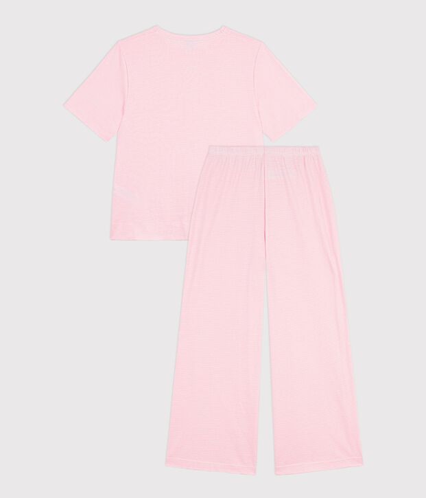 Damen-Pyjama aus Baumwolle mit weiten Beinen und Streifen rosa/weiss