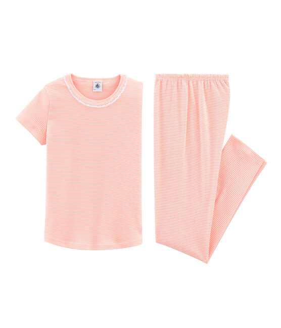 Kurzärmeliger Rippstrick-Pyjama für kleine Mädchen rosa ROSAKO/weiss MARSHMALLOW