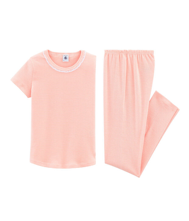Kurz&auml;rmeliger Rippstrick-Pyjama f&uuml;r kleine M&auml;dchen rosa/weiss