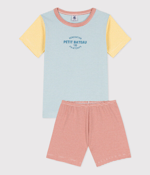 Kinder-Kurzpyjama aus Baumwolle mit dreifarbigen Ringelstreifen blau/vielfarbig