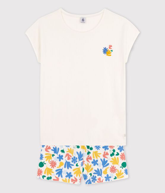 Kinder-Kurzpyjama aus Baumwolle für Mädchen weiss MARSHMALLOW/weiss MULTICO