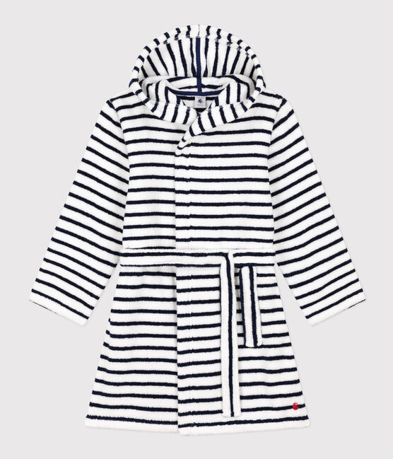 Gestreifter Bademantel aus Frottee für kleine Mädchen/kleine Jungen weiss LAIT/blau MEDIEVAL