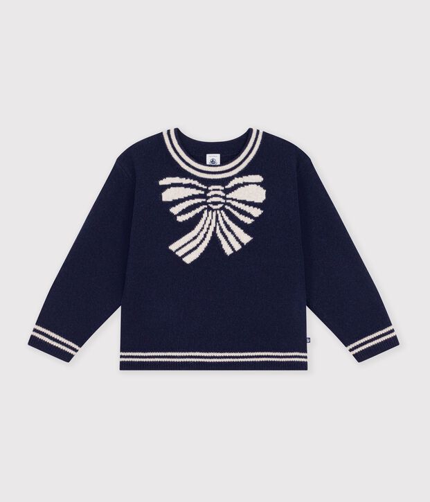 Kinder-Pullover aus Wolle und Baumwolle mit Schleifenmotiv blau/beige