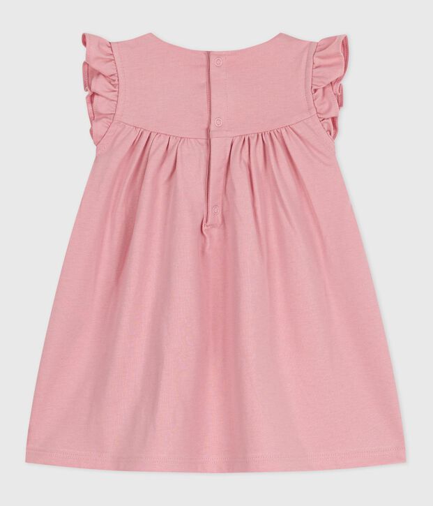 &Auml;rmelloses Baby-Kleid aus einfarbiger Baumwolle mit gestickten Verzierungen am Kragen rosa