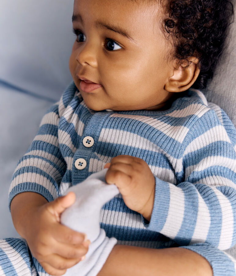 Baby-Overall aus Woll- und Baumwollstrick mit Streifen blau/blau
