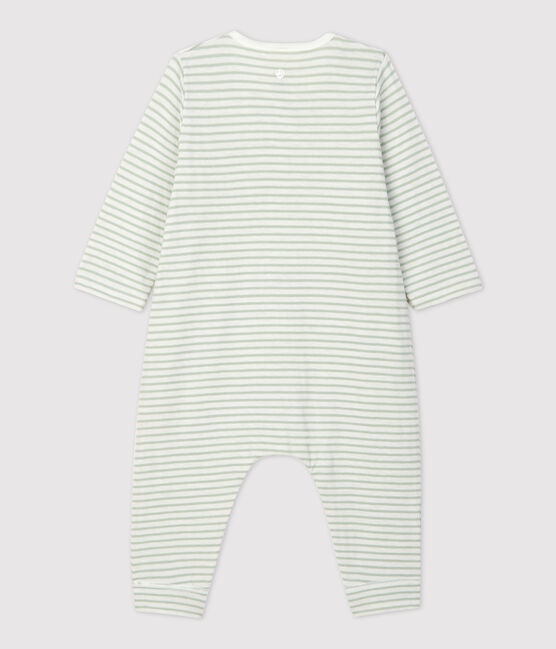 Langer gestreifter-Baby-Overall aus Bio-Doppeljersey weiss MARSHMALLOW/ HERBIER