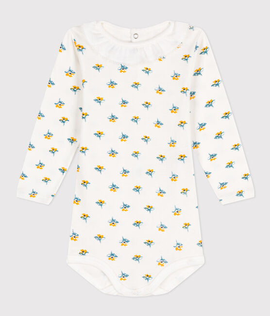 Langärmeliger gemusterter Baby-Body aus Baumwolle mit Rüschenkragen weiss MARSHMALLOW/weiss MULTICO