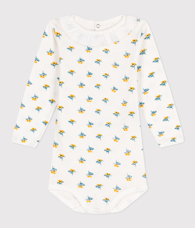 Lang&auml;rmeliger gemusterter Baby-Body aus Baumwolle mit R&uuml;schenkragen weiss/vielfarbig