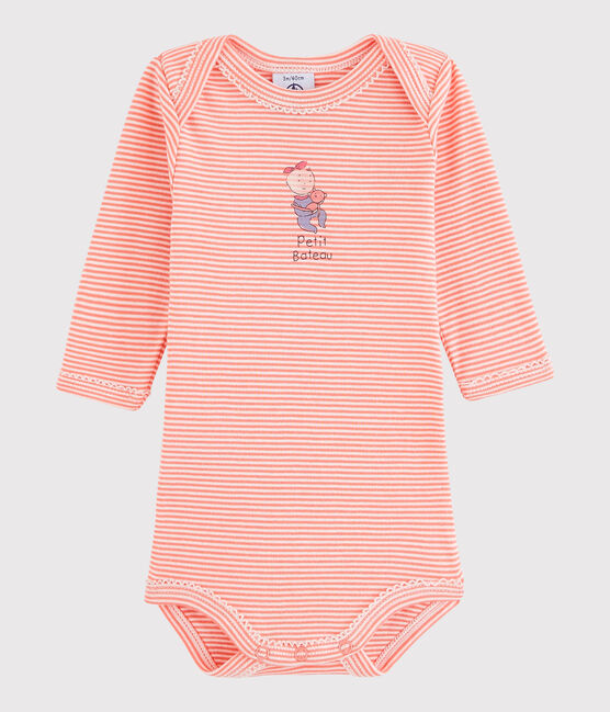 Langärmeliger Baby-Body Mädchen rosa PEACHY/weiss LAIT