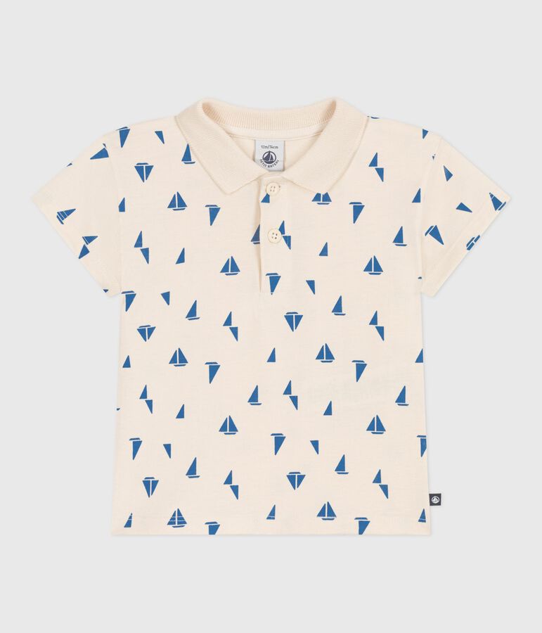 Kurz&auml;rmeliges Baby-Poloshirt aus Baumwolle mit Schiffchenmuster naturfarben/blau