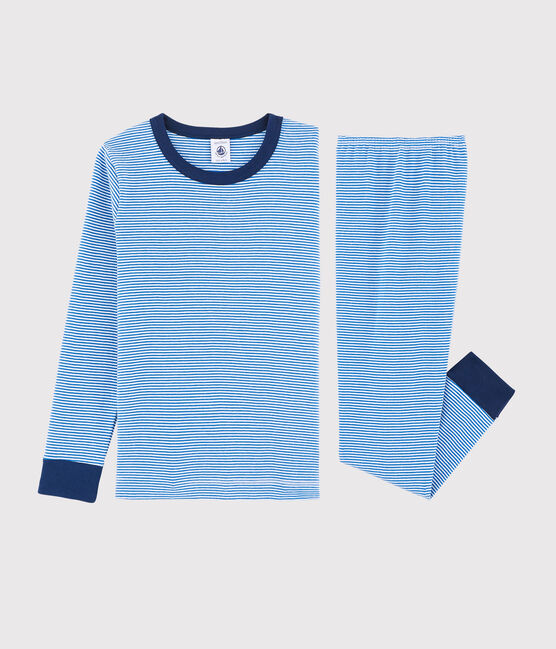 Kinderpyjama aus Rippstrick mit blauen Ringelstreifen für Jungen blau RUISSEAU/weiss MARSHMALLOW