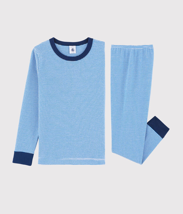 Kinderpyjama aus Rippstrick mit blauen Ringelstreifen f&uuml;r Jungen blau/weiss