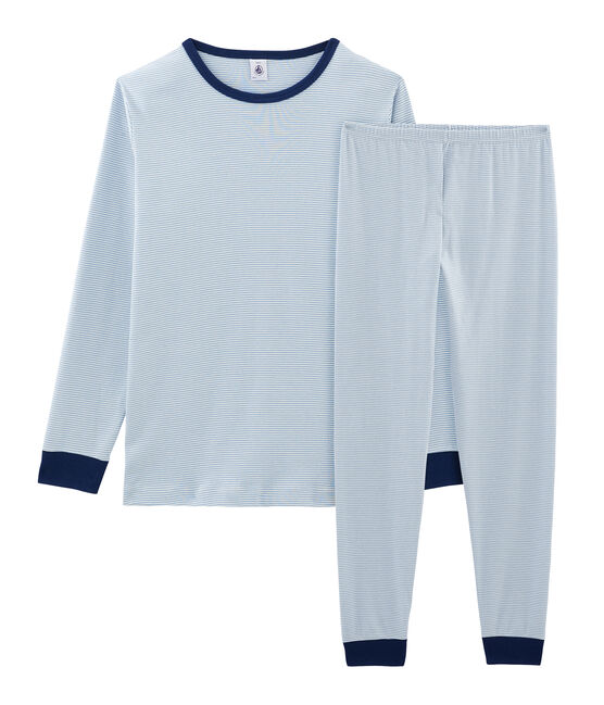 Rippstrick-Pyjama für Jungen blau ACIER/weiss MARSHMALLOW