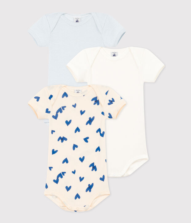 3er-Set kurz&auml;rmelige Baby-Bodys aus Baumwolle mit blauen Herzen vielfarbig