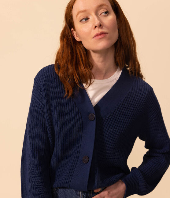 Damen-Cardigan aus Baumwolle, in Patentmuster gestrickt blau INCOGNITO