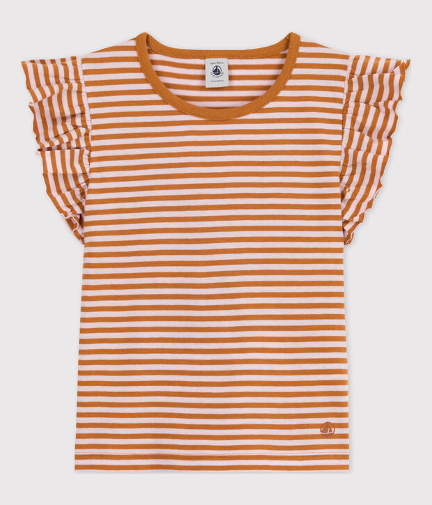 Gestreiftes Kinder-T-Shirt aus Baumwolle f&uuml;r M&auml;dchen braun/rosa