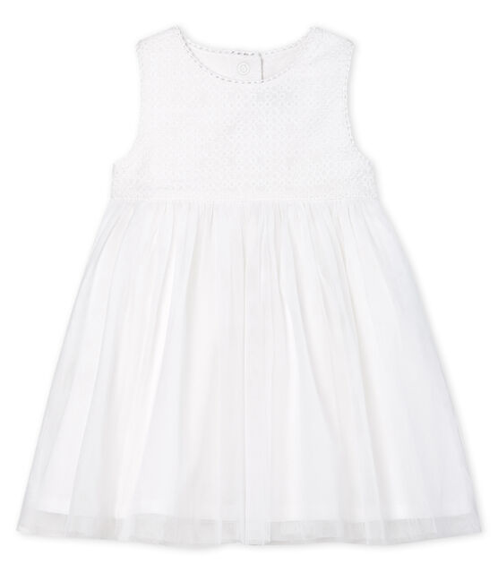 Kurzärmeliges Baby-Festtagskleid Mädchen weiss MARSHMALLOW/braun CUIVRE