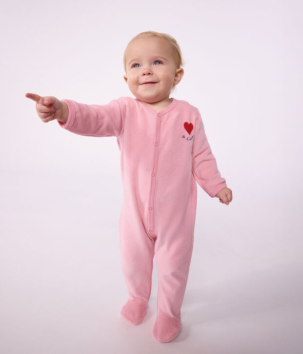 Strampler aus einfarbigem Nicki mit platziertem Motiv rosa