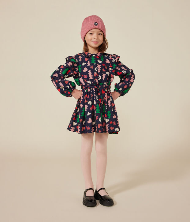 Lang&auml;rmeliges Kinder-Kleid aus Flanell f&uuml;r M&auml;dchen blau/vielfarbig