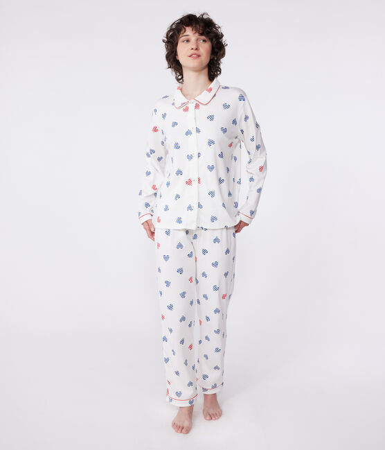 Geknöpfter Damen-Schlafanzug aus Baumwolle mit Herz-Print weiss MARSHMALLOW/weiss MULTICO
