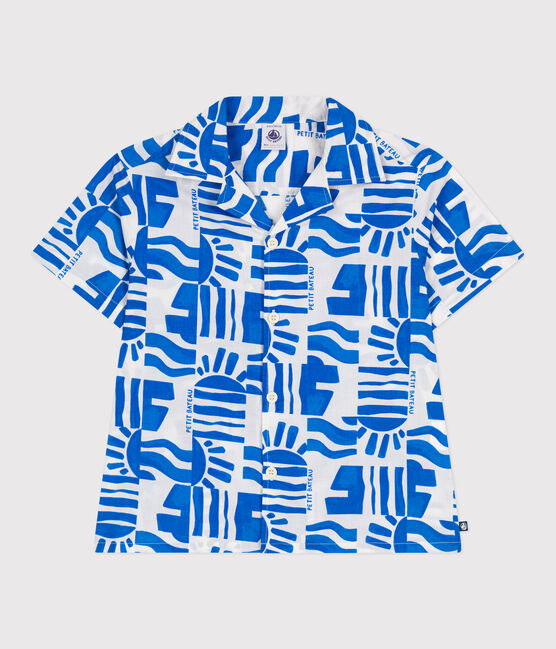 Kurzärmeliges Kinder-Hemd aus bedruckter Baumwolle blau MARSHMALLOW/ PORCELANA