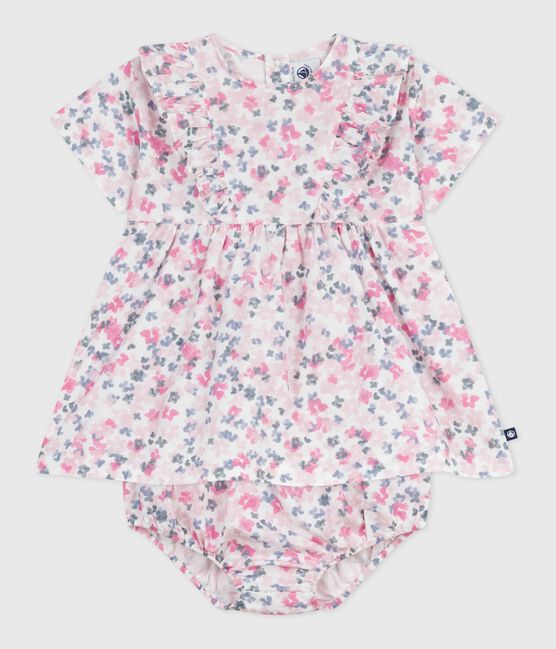 Kurzärmeliges Babykleid aus Baumwolle und dazu passender Bloomer weiss MARSHMALLOW/weiss MULTICO