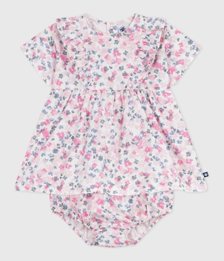 Kurz&auml;rmeliges Babykleid aus Baumwolle und dazu passender Bloomer weiss/vielfarbig