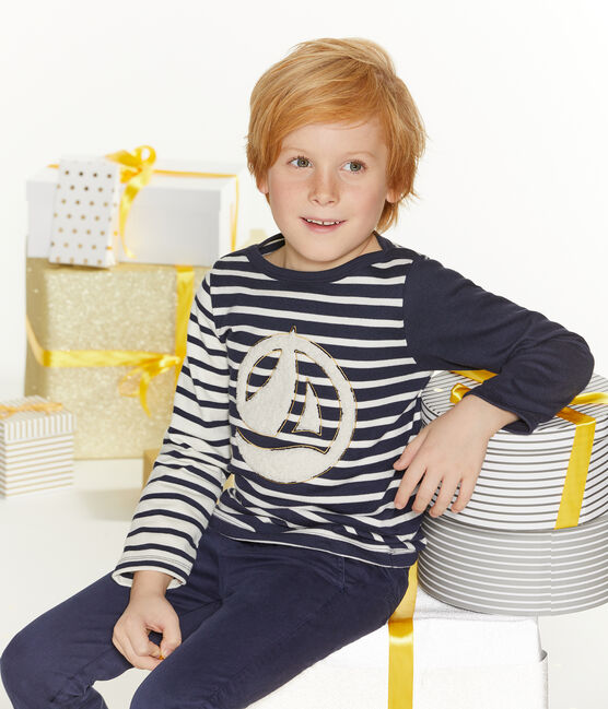 Kinder-Streifenshirt Jungen weiss MARSHMALLOW/blau SMOKING