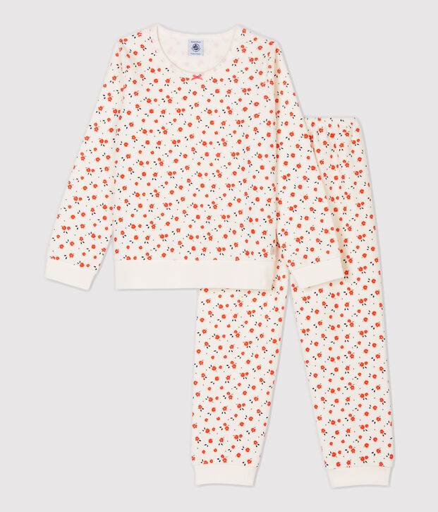 Kinderpyjama aus Nicki mit Blumenmotiv f&uuml;r  M&auml;dchen weiss/vielfarbig